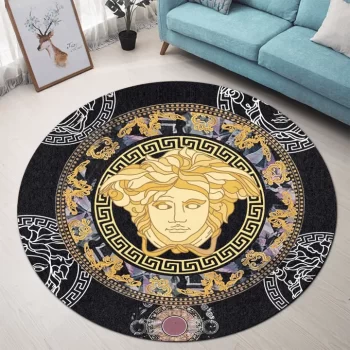 Versace Golden Medusa Pattern Black Luxury Brand Fashion Round Rug Carpet Floor Decor RR1047