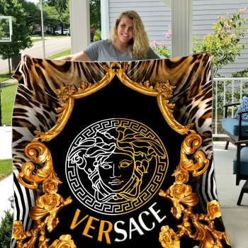 Versace Golden Pattern Luxury Brand Premium Fleece Sherpa Blanket Sofa Decor BL3045
