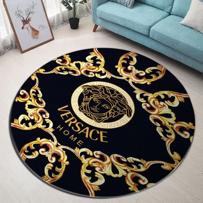Versace Medusa Golden Pattern Black Luxury Brand Fashion Round Rug Carpet Floor Decor RR1036
