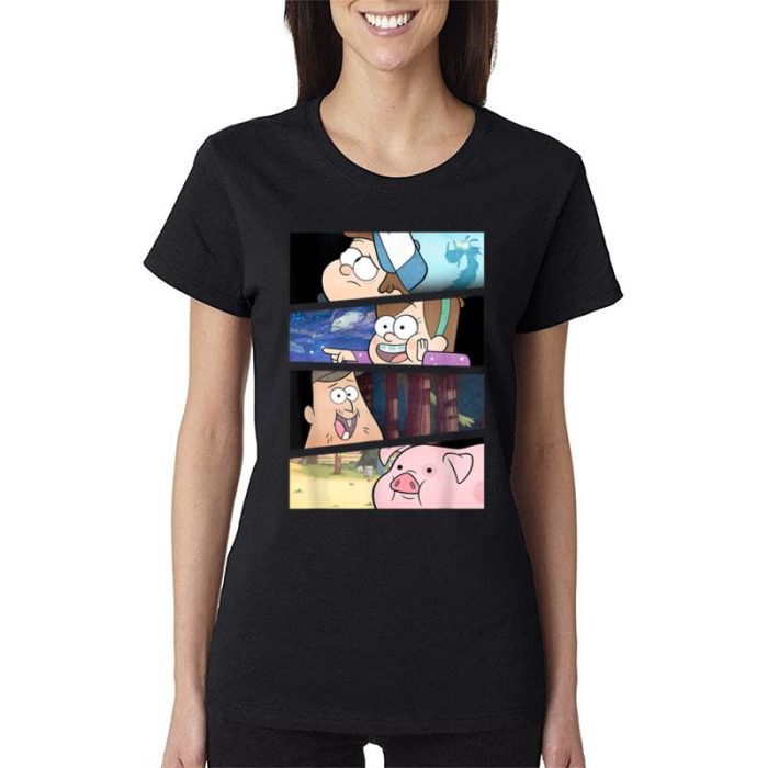 Disney Gravity Falls Group Shot Split Panels Scene Logo Women Lady T-Shirt
