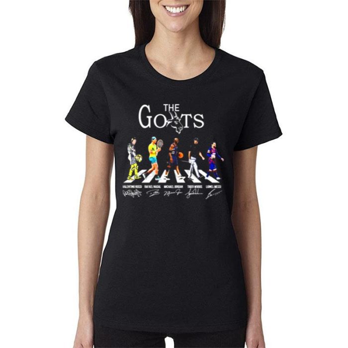 The Goats Abbey Road Valentino Rossi Rafael Nadal Michael Jordan Tiger Woods And Lionel Messi Signatures Women Lady T-Shirt