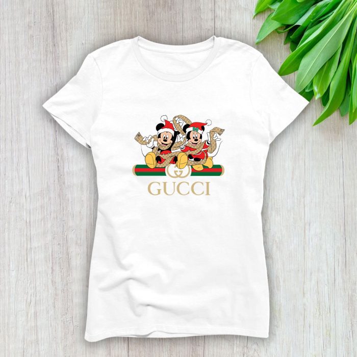 Gucci Mickey Mouse And Minnie Mouse Christmas Lady T-Shirt Luxury Tee For Women LDS1401