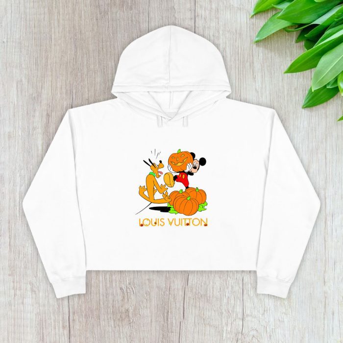 Louis Vuitton Logo Luxury Halloween Pumpkin Pluto Mickey Mouse Crop Pullover Hoodie For Lady CPH1726