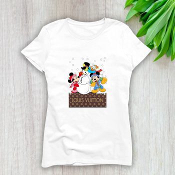 Louis Vuitton Logo Luxury Monogram Canvas Pattern Chrismate Minnie Mouse Mickey Mouse Donald Duck Lady T-Shirt Luxury Tee For Women LDS1744