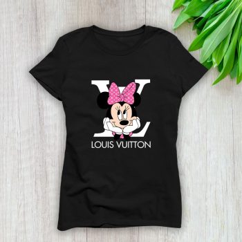 Louis Vuitton Logo Luxury Pink And White Monogram Canvas Pattern Minnie Mouse Lady T-Shirt Luxury Tee For Women LDS1625