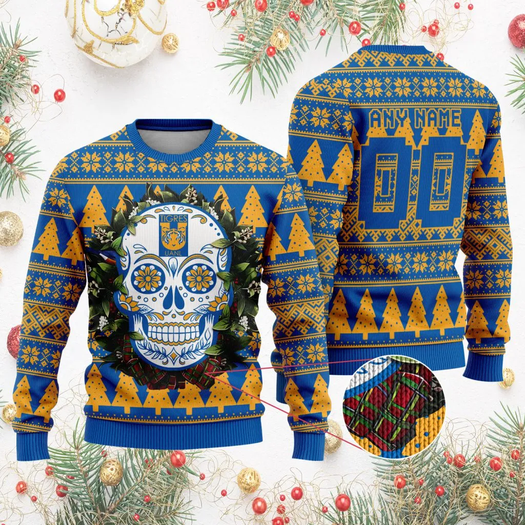 LIGA-MX-Tigres-UANL-Special-Sugar-Skull-Christmas-Ugly-Sweater-1