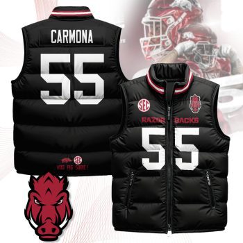 Arkansas Razorbacks Unisex Puffer Vest Sleeveless Down Jacket- Black / Fernando Carmona - 55
