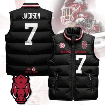 Arkansas Razorbacks Unisex Puffer Vest Sleeveless Down Jacket- Black / KJ Jackson - 7