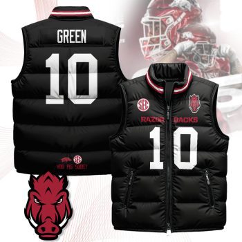 Arkansas Razorbacks Unisex Puffer Vest Sleeveless Down Jacket- Black / Taylen Green - 10