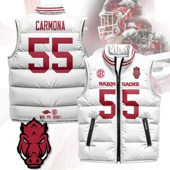 Arkansas Razorbacks Unisex Puffer Vest Sleeveless Down Jacket- White / Fernando Carmona - 55