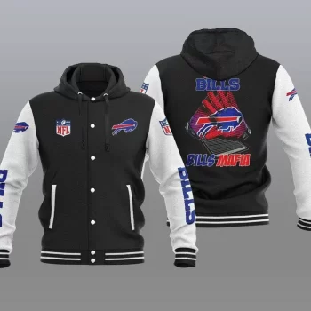 Buffalo Bills Hooded Button Jacket Varsity Jacket with Hood - Black
