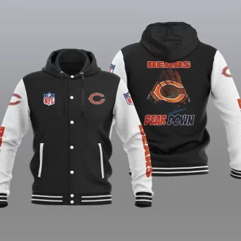 Chicago Bears Hooded Button Jacket Varsity Jacket with Hood - Black