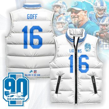 Detroit Lions Unisex Puffer Vest Sleeveless Down Jacket- White / Jared Goff - 16