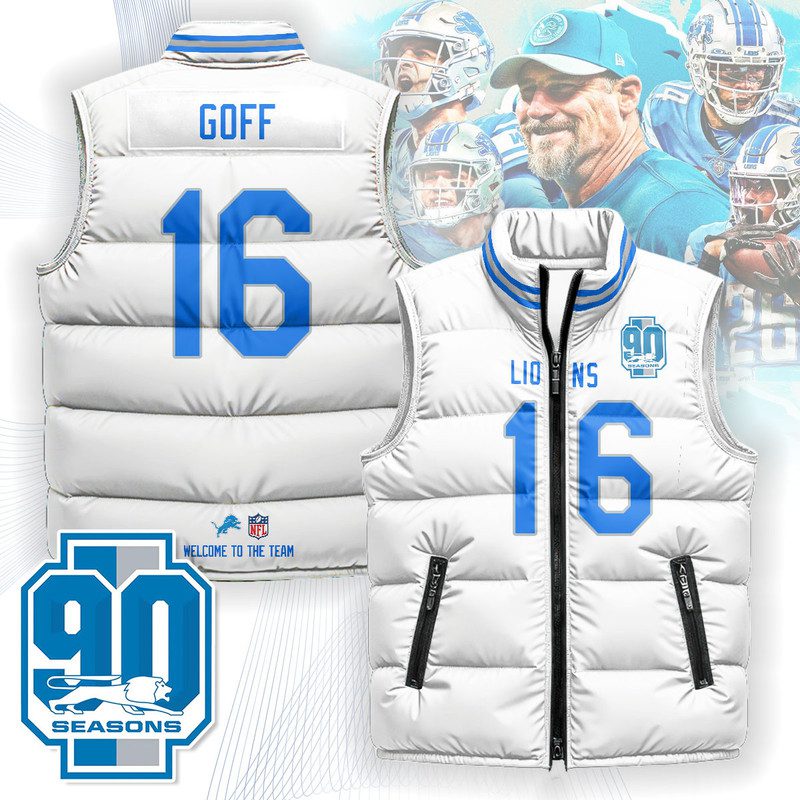 Detroit-Lions-Unisex-Puffer-Vest-Sleeveless-Down-Jacket-White-Jared-Goff-16 Detroit Lions Unisex Puffer Vest Sleeveless Down Jacket- White / Jared Goff - 16
