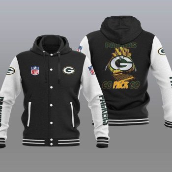 Green Bay Packers Hooded Button Jacket Varsity Jacket with Hood - Black