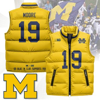 Michigan Wolverines Unisex Puffer Vest Sleeveless Down Jacket- Maize / Rod Moore - 19