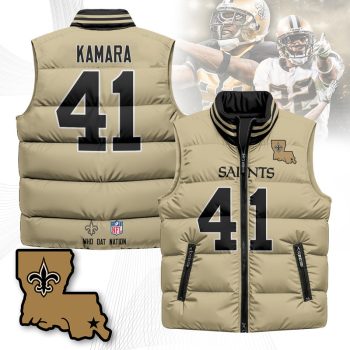 New Orleans Saints Unisex Puffer Vest Sleeveless Down Jacket- Gold / Alvin Kamara - 41