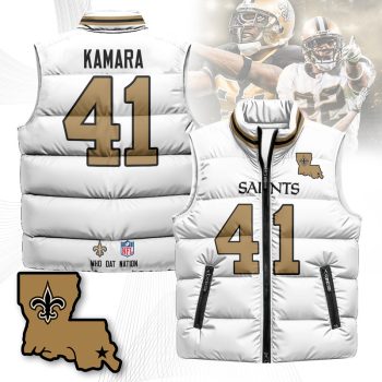 New Orleans Saints Unisex Puffer Vest Sleeveless Down Jacket- White / Alvin Kamara - 41