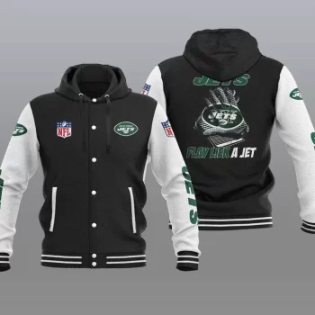 New York Jets Hooded Button Jacket Varsity Jacket with Hood - Black