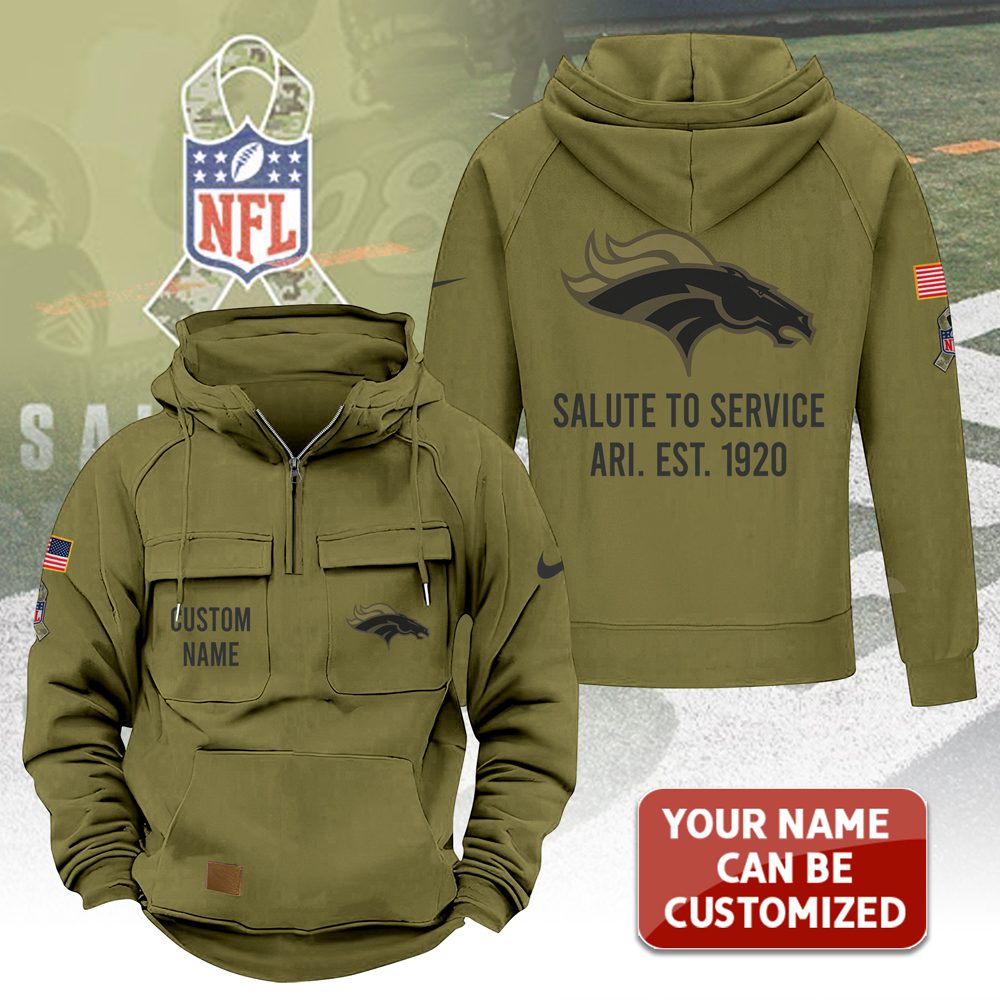 Personalized-Denver-Broncos-2025-Salute-to-Service-Military-Green-Vintage-Quarter-Zip-Hoodie-1