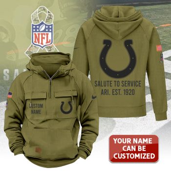 Personalized Indianapolis Colts 2025 Salute to Service Military Green Vintage Quarter Zip Hoodie