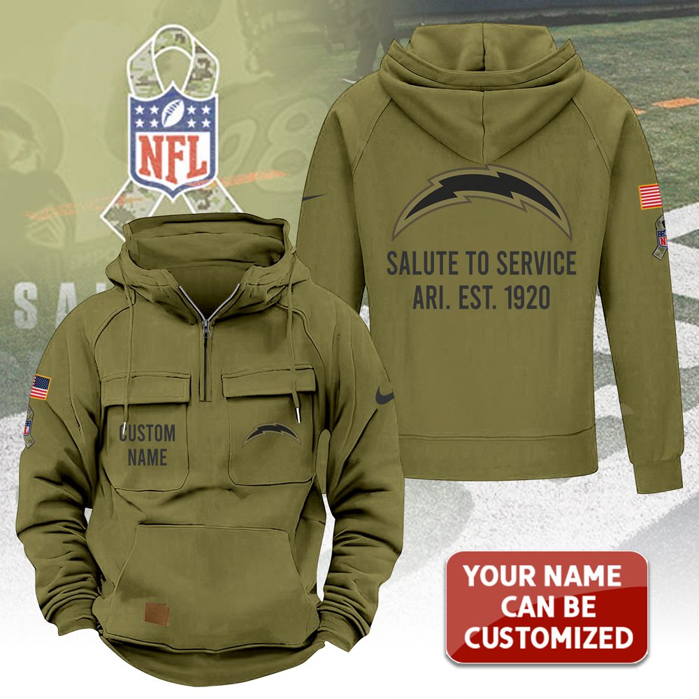 Personalized-Los-Angeles-Chargers-2025-Salute-to-Service-Military-Green-Vintage-Quarter-Zip-Hoodie-1