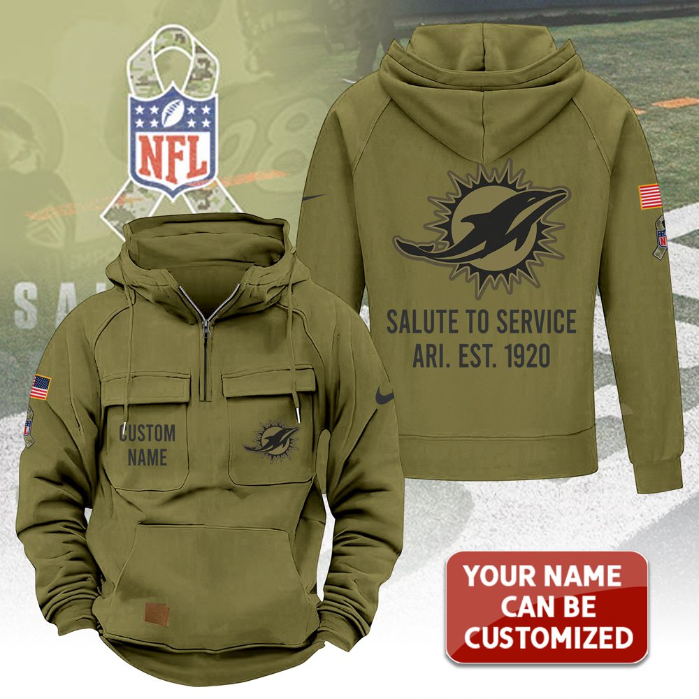 Personalized-Miami-Dolphins-2025-Salute-to-Service-Military-Green-Vintage-Quarter-Zip-Hoodie-1