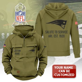 Personalized New England Patriots 2025 Salute to Service Military Green Vintage Quarter Zip Hoodie