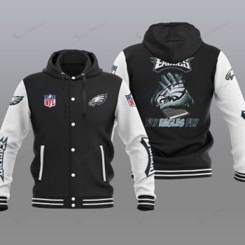 Philadelphia Eagles Hooded Button Jacket Varsity Jacket with Hood - Black