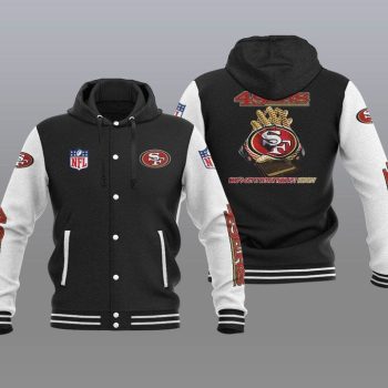 San Francisco 49ers Hooded Button Jacket Varsity Jacket with Hood - Black