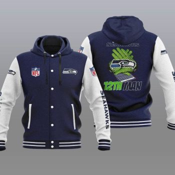 Seattle Seahawks Hooded Button Jacket Varsity Jacket with Hood - Navy