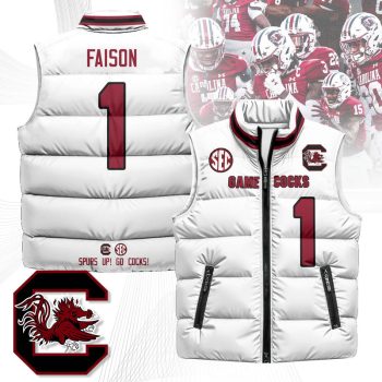 South Carolina Gamecocks Unisex Puffer Vest Sleeveless Down Jacket- White / Rahsul Faison - 1
