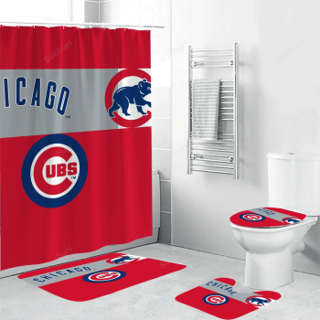 Chicago Cubs All Logos Red 3D Bathroom Sets With Waterproof Shower Curtains And Bath Mat Sets BRS3373