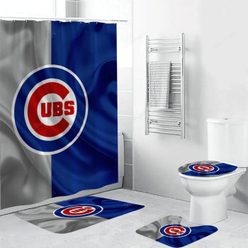 Chicago Cubs Logo Blue White Silk 3D Bathroom Sets With Waterproof Shower Curtains And Bath Mat Sets BRS3123