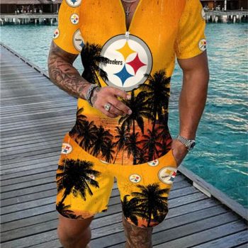 Pittsburgh Steelers Combo Zip Polo Shirt And Shorts For Men