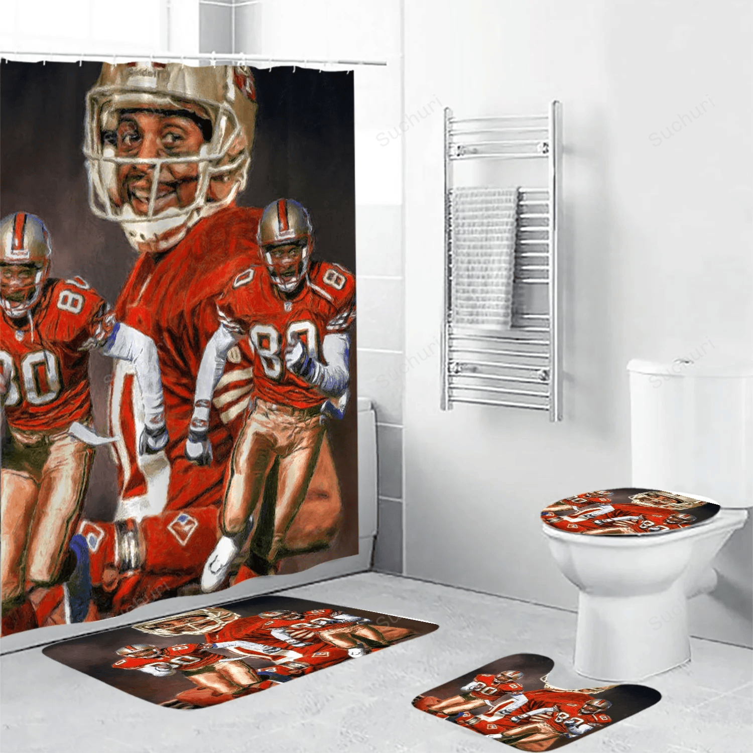 San-Francisco-49ers-Jerry-Rice-80-Waterproof-Shower-Curtain-Non-Slip-Toilet-Lid-Cover-Bath-Mat-Bathroom-Set-BRS2780 San Francisco 49ers Jerry Rice 80 Waterproof Shower Curtain Non-Slip Toilet Lid Cover Bath Mat Bathroom Set BRS2780
