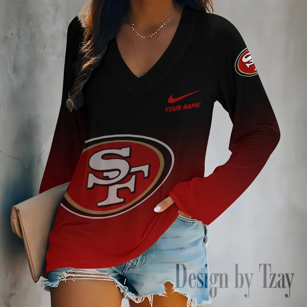 San-Francisco-49ers-Womens-Long-sleeves-V-neck-T-shirt San Francisco 49ers Women's Long sleeves V-neck T-shirt