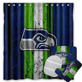 Seattle Seahawks Logo Dirty Background Waterproof Shower Curtain Non-Slip Toilet Lid Cover Bath Mat Bathroom Set