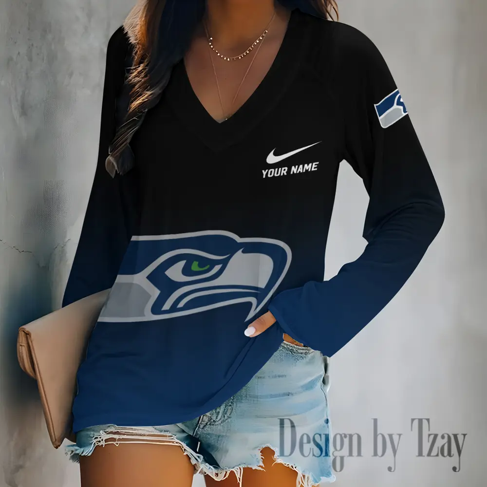 Seattle-Seahawks-Womens-Long-sleeves-V-neck-T-shirt Seattle Seahawks Women's Long sleeves V-neck T-shirt
