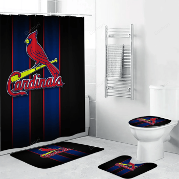 St. Louis Cardinals Logo Red Navy Striped 3D Bathroom Sets With Waterproof Shower Curtains And Bath Mat Sets BRS3212