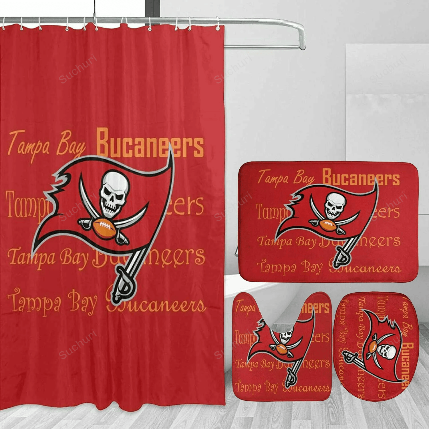 Tampa-Bay-Buccaneers-Logo-Red-Background-Waterproof-Shower-Curtain-Non-Slip-Toilet-Lid-Cover-Bath-Mat-Bathroom-Set-BRS4222 Tampa Bay Buccaneers Logo Red Background Waterproof Shower Curtain Non-Slip Toilet Lid Cover Bath Mat Bathroom Set BRS4222