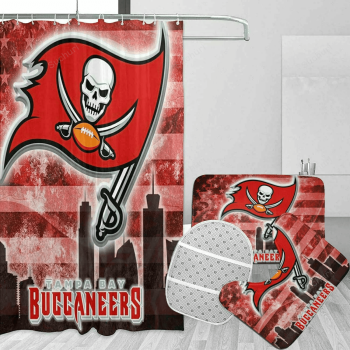 Tampa Bay Buccaneers USA Flag City Background Logo Waterproof Shower Curtain Non-Slip Toilet Lid Cover Bath Mat Bathroom Set BRS4203