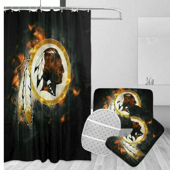 Washington Commanders Fire Background Logo Waterproof Shower Curtain Non-Slip Toilet Lid Cover Bath Mat Bathroom Set BRS4296