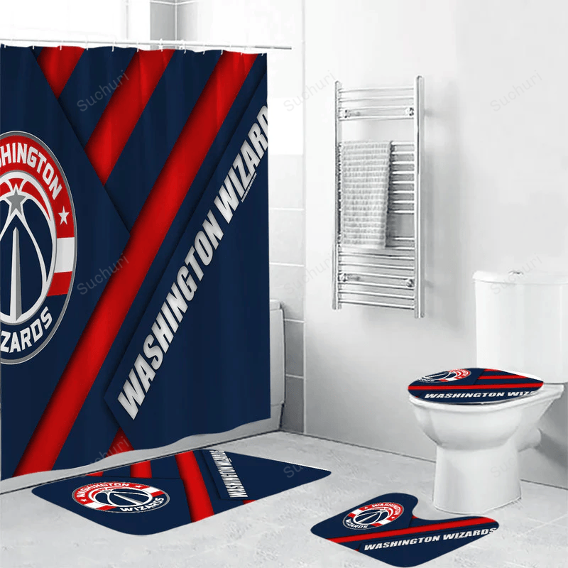 Washington-Wizards-Blue-Red2-Waterproof-Shower-Curtain-Non-Slip-Toilet-Lid-Cover-Bath-Mat-Bathroom-Set-BRS2279 Washington Wizards Blue Red2 Waterproof Shower Curtain Non-Slip Toilet Lid Cover Bath Mat Bathroom Set BRS2279