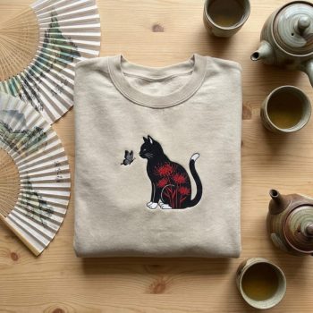 Black Cat Red Spider Lily Embroidered Sweatshirt