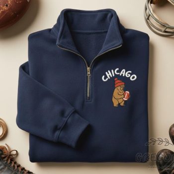 Chicago Bears Football Embroidered Quarter Zip - Bear Mascot Fan Game Day Sweatshirt EMB1014