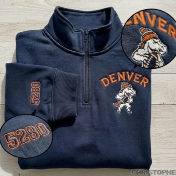 Denver Broncos Football Embroidered Quarter Zip Sweatshirt - 5280 Horse Mascot Game Day Sweater EMB1000