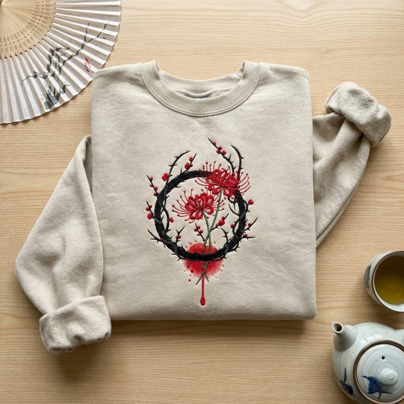 Gothic-Spider-Lily-Embroidered-Sweatshirt-Japanese-Floral-Zen-Dark-Cottagecore-Top Gothic Spider Lily Embroidered Sweatshirt