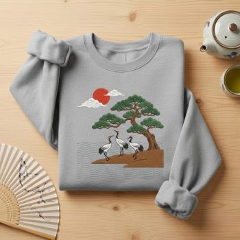 Red Sun Pine Tree Zen Aesthetic Asian Nature Art