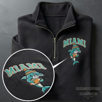 Miami Dolphins Football Embroidered Quarter Zip - Fins Up Phins Fan Game Day Sweatshirt EMB1011